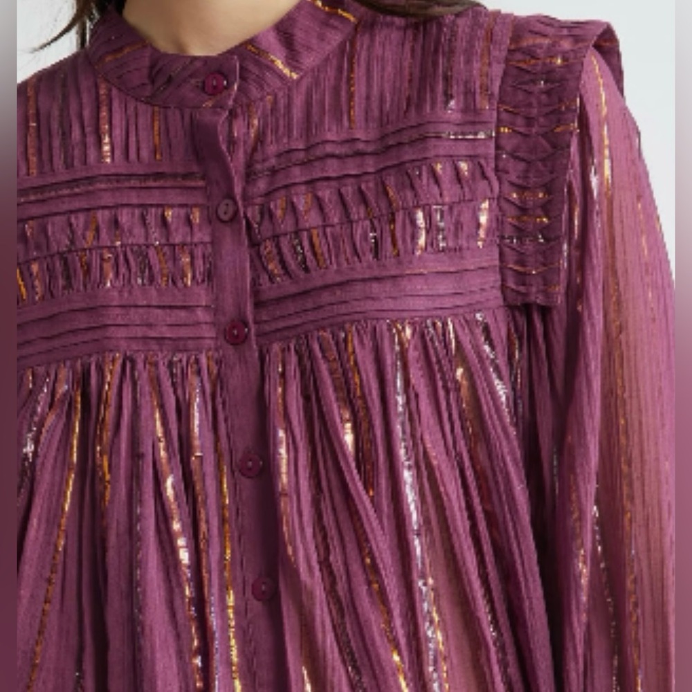 Farm Rio Burgundy Pleated Yoke Metallic Stripe Long Sleeve Button Blouse XS - Picture 2 of 11